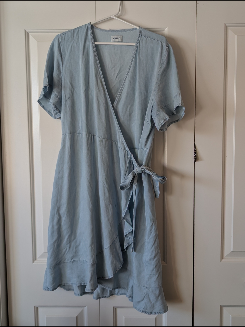 ONLY Blue Short-Sleeve Wrap Midi Dress with Tie